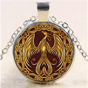 Gold Phoenix Cabochon Glass Red Tibet Silver Chain